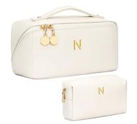 CLOUDWINGS Birthday Gifts for Women Teen Girl, Personalized Initial Makeup Organizer Bag Set, Open Flat Travel Cosmetic Bag With Clear Divider and Handle, Beige, N