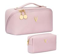 CLOUDWINGS Birthday Gifts for Women Teen Girl, Personalized Initial Makeup Organizer Bag Set, Open Flat Travel Cosmetic Bag With Clear Divider and Handle, Pink, V