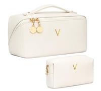 CLOUDWINGS Birthday Gifts for Women Teen Girl, Personalized Initial Makeup Organizer Bag Set, Open Flat Travel Cosmetic Bag With Clear Divider and Handle, Beige, V