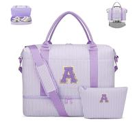 CLOUDWINGS Birthday Gifts Travel Duffle Bag, Personalized Initial Cheer Bag, Overnight Bags with Shoe Compartment, Travel Weekender Bag with Toiletry Bag, Purple, 14" x 10" x 5", A