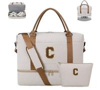 CLOUDWINGS Birthday Gifts Travel Duffle Bag, Personalized Initial Cheer Bag, Overnight Bags with Shoe Compartment, Travel Weekender Bag with Toiletry Bag, Khaki, 14" x 10" x 5", C