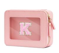 CLOUDWINGS Gifts for Women Clear Makeup Organizer Bag with Personalized Initial Letter Cosmetic Case Toiletry Bag Compact Car Bag Essentials for Travel, PinkK, M