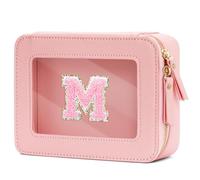 CLOUDWINGS Gifts for Women Clear Makeup Organizer Bag with Personalized Initial Letter Cosmetic Case Toiletry Bag Compact Car Bag Essentials for Travel, PinkM, M