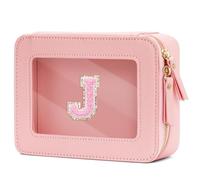 CLOUDWINGS Gifts for Women Clear Makeup Organizer Bag with Personalized Initial Letter Cosmetic Case Toiletry Bag Compact Car Bag Essentials for Travel, PinkJ, M