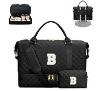 CLOUDWINGS Gifts for Women Initial Travel Duffle Bag Quilted Weekender Carry-On Overnight with Cosmetic Bag, Gym Bag with Shoe Compartment Hospital Bag for Labor Delivery, Black, B