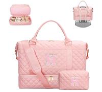 CLOUDWINGS Gifts for Women Initial Travel Duffle Bag Quilted Weekender Carry-On Overnight with Cosmetic Bag, Gym Bag with Shoe Compartment Hospital Bag for Labor Delivery, Pink, H