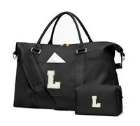 CLOUDWINGS Initial Girls Travel Duffel Bag, Weekender Bags for Women, Kids Overnight Gym Carry On Tote Bag with Makeup Bag, Personalized Teen Girls Gift Trendy Stuff, Black, L