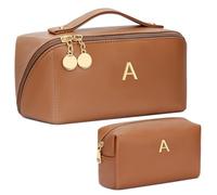 CLOUDWINGS Initial Makeup Bag, Large Capacity Travel Cosmetic Bag Set, Open Flat Makeup Organizer With Clear Divider and Handle, Gifts for women, Brown, A