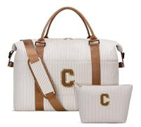 CLOUDWINGS Initial Travel Duffle Bag Personalized Weekender Overnight Bags, Khaki, 19 x 8.5 x 12.5 inches, C