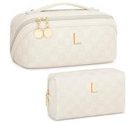CLOUDWINGS Large Initial Makeup Bag, Beige