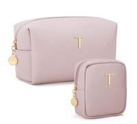 CLOUDWINGS Personalized Birthday Gifts for Women - Initial Makeup Bag Set Travel Toiletry Bag Cosmetic Bags Soft Waterproof PU Leather Makeup Pouch Travel Essentials, Pink, T