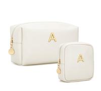 CLOUDWINGS Personalized Birthday Gifts for Women - Initial Makeup Bag Set Travel Toiletry Bag Cosmetic Bags Soft Waterproof PU Leather Makeup Pouch Travel Essentials, 2Pcs Beige, 2Pcs Beige, A