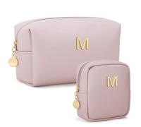 CLOUDWINGS Personalized Birthday Gifts for Women - Initial Makeup Bag Set Travel Toiletry Bag Cosmetic Bags Soft Waterproof PU Leather Makeup Pouch Travel Essentials, Pink, M
