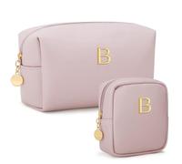 CLOUDWINGS Personalized Birthday Gifts for Women - Initial Makeup Bag Set Travel Toiletry Bag Cosmetic Bags Soft Waterproof PU Leather Makeup Pouch Travel Essentials, Pink, B