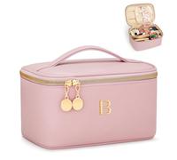 CLOUDWINGS Personalized Initial Makeup Bag Gifts for Women, Large Travel Cosmetic Organizer with Handle & Divider, PU Leather Toiletry Bag for Girls, Birthday Bridesmaid Gift Set, Pink01, Pink, B