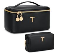 CLOUDWINGS Personalized Initial Makeup Bag Gifts for Women, Large Travel Cosmetic Organizer with Handle & Divider, PU Leather Toiletry Bag for Girls, Birthday Bridesmaid Gift Set, Black