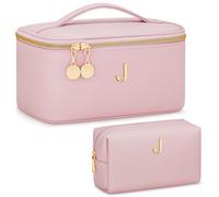 CLOUDWINGS Personalized Initial Makeup Bag Gifts for Women, Large Travel Cosmetic Organizer with Handle & Divider, PU Leather Toiletry Bag for Girls, Birthday Bridesmaid Gift Set, Pink