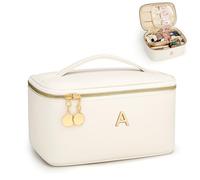 CLOUDWINGS Personalized Initial Makeup Bag Gifts for Women, Large Travel Cosmetic Organizer with Handle & Divider, PU Leather Toiletry Bag for Girls, Birthday Bridesmaid Gift Set, Beige01, White, A