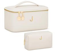 CLOUDWINGS Personalized Initial Makeup Bag Gifts for Women, Large Travel Cosmetic Organizer with Handle & Divider, PU Leather Toiletry Bag for Girls, Birthday Bridesmaid Gift Set, Beige, 10 x 6.5 x 5