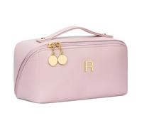CLOUDWINGS Personalized Initial Makeup Organizer Bag Set, Open Flat Travel Cosmetic Bag, MediumPink, M, R