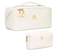 CLOUDWINGS Valentine's Day Gifts for Women Teen Girl, Personalized Initial Makeup Organizer Bag Set, Open Flat Travel Cosmetic Bag With Clear Divider and Handle, Large Beige, L, A