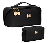 CLOUDWINGS Valentine's Day Gifts for Women Teen Girl, Personalized Initial Makeup Organizer Bag Set, Open Flat Travel Cosmetic Bag With Clear Divider and Handle, Black, M