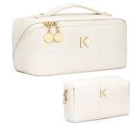 CLOUDWINGS Valentines Day Gifts for Women Teen Girl, Personalized Initial Makeup Organizer Bag Set, Open Flat Travel Cosmetic Bag With Clear Divider and Handle(Large-Beige,K)