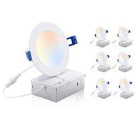 CLOUDY BAY 4 inch 3000K/4000K/5000K Three Color Temperature Selectable, Dimmable 10W CRI 90+, IC Rated, ETL/JA8, Ultra Thin Recessed Downlight with Junction Box, White Finish, 6PK