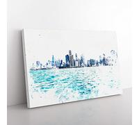 Cloudy Day In Chicago Illinois Watercolour Modern Canvas Wall Art Print Ready to Hang, Framed Picture for Living Room Bedroom Home Office Décor, 50x35 cm (20x14 Inch)