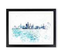 Cloudy Day In Chicago Illinois Watercolour Modern Framed Print | A2 Black Framed Wall Art | Ready to Hang | Modern Historical Picture | Living Room Bedroom Lounge Office