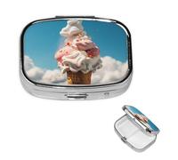 Cloudy Ice Cream Pill Case with Mirror Retro 2 Compartment Pill Box Small Pill Organizer for Purse or Pocket Decorative Metal Medicine Vitamin Organizer Unique Gifts