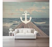 Cloudy Sky Pier Pier Water Wave Ship Wheel Print Panoramic Wallpaper | Vintage Nautical Style Peel and Stick Wallpaper, 200x140cm (W x H) for Living Room Background Decoration, Blue