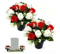 CloudYida 2 PCS Artificial Flowers for Graves Pots, Red and White Grave Flowers,Roses Grave Flower Pots Silk Cemetery Ornaments Outdoor Decorations,Fake Funeral Memorial Bouquet in Pot for Graveside