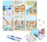 CloudYida 6 Pack Paint by Numbers for Adults Beginner | European Cityscapes Paint by Number Kits on Canvas,Paint by Numbers for Adults - 12x8 Inch DIY Painting by Numbers Kit with 26 Colors（no Frame）