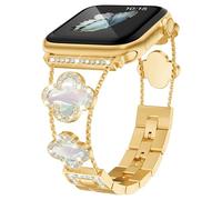 Clover Watch Band for Women, Dainty Gold & Silver Bracelet, Stylish & Fancy Metal Strap for Apple Watch Series 10/9/8/7/6/5/4/3/2/1/SE/Ultra 2, Fits 38mm-49mm Models (Rainbow Gold, 42mm)