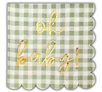 Cloverjoyed 'Oh Baby' Baby Shower Decorations, 50 Pack, Gold Oh Baby Napkins in Plaid Sage Green Pattern, Scalloped Edges, Sage Green Baby Shower Napkins, Neutral Gender Reveal Decorations