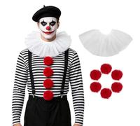 Clown Costume Accessories Set for Women Men Halloween Clown Ruffle Collar Jester Tulle Neck Ruffle Pompom Buttons and Gloves for Circus Cosplay Dress up Party Prop, Set 1 White Collar +Red Pompoms