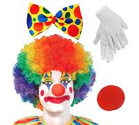 Clown costume accessory, clown costume accessories, clown curly wig + clown nose + colourful tie + gloves, suitable for Easter, art event, carnival costume cosplay
