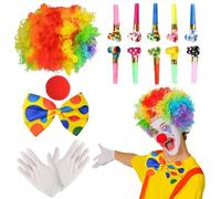 Clown Costume,Halloween Costumes men,15 Pcs Clown Costume Adult Rainbow Wig Red Nose White Clown Gloves Spotty Bow Tie Party Blowers,for Clowns Parties Carnivals Pretend Play Women Men