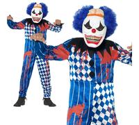 Smiffys Deluxe Sinister Clown Costume, Blue with Jumpsuit, EVA Mask, Attached Brain & Hair, Halloween Child Fancy Dress, Clown Dress Up Costumes