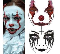 Clown Face Gems Makeup Sticker Day Of The Death Black Tear Skull Face Jewels 3D Gemstone Face Stickers Dark Horror Style Rhinestone Glitter Temporary Tattoos for Halloween Carnival Party Decoration