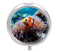 Clown Fish Pill Box - 3 Compartment Travel Pill Organizer with Small Mirror, Portable Pillcase for Pocket & Purse, Cute Round Medicine Case, Weekly Medicine Container