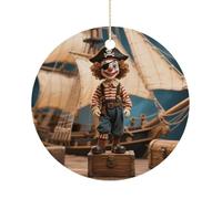 Clown on The Treasure Chest Double-Sided Ceramic Christmas Ornaments - Round Hanging Mini Xmas Tree Decorations, Ideas for Farmers, Rustic Home Decor for Indoor Outdoor Tree Decor