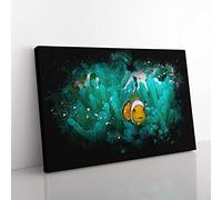 Clownfish & Sea Anemone Abstract Paint Splash Modern Art Canvas Wall Art Print Ready to Hang, Framed Picture for Living Room Bedroom Home Office Décor, 50x35 cm (20x14 Inch)