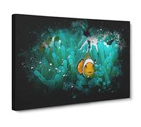 Clownfish & Sea Anemone Abstract Paint Splash Modern Art Canvas Wall Art Print Ready to Hang, Framed Picture for Living Room Bedroom Home Office Décor, 30x20 Inch (76x50 cm)