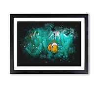 Clownfish & Sea Anemone Abstract Paint Splash Modern Art Framed Wall Art Print, Ready to Hang Picture for Living Room Bedroom Home Office Décor, Black A3 (46 x 34 cm)