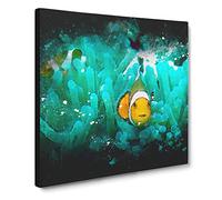 Clownfish & Sea Anemone Abstract Paint Splash Modern Canvas Wall Art Print Ready to Hang, Framed Picture for Living Room Bedroom Home Office Décor, 14x14 Inch (35x35 cm)