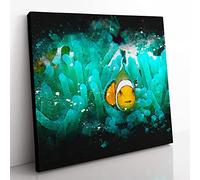 Clownfish & Sea Anemone Abstract Paint Splash Modern Canvas Wall Art Print Ready to Hang, Framed Picture for Living Room Bedroom Home Office Décor, 35x35 cm (14x14 Inch)
