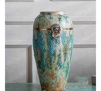 CLSDRZC Ceramic Vase with Copper Ring Blue Glaze Ceramic Floormounted Large Classical Chinese Vase(C)