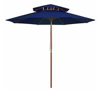CLSDRZC Double Decker with Wooden Pole Blue 270 cm,Beach Water Repellent,U VLight Protection, Easy to Open and Close, Garden Outdoor Parasol